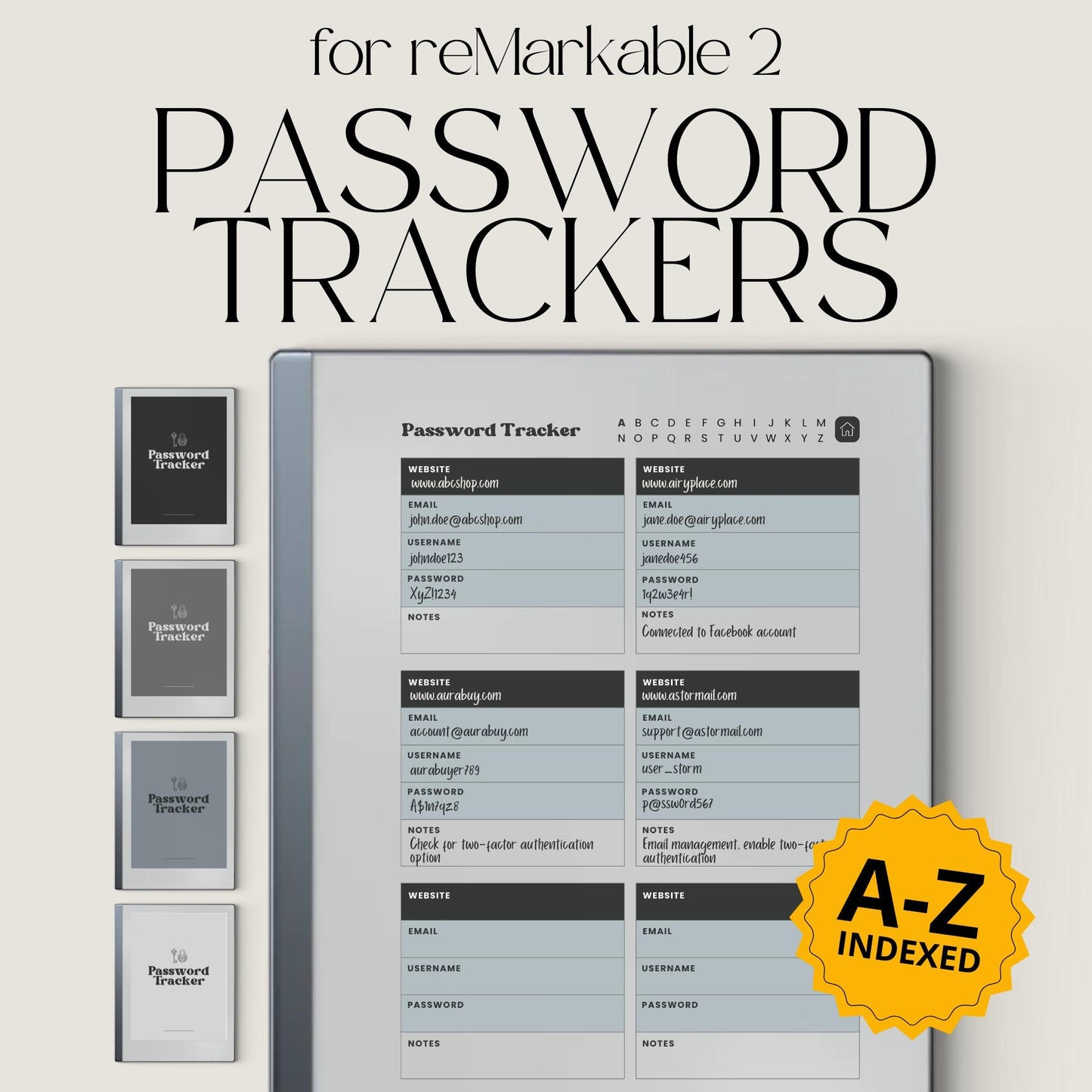 Password Tracker Bundle for reMarkable 2 and reMarkable Paper Pure with hyperlinked A–Z index, greyscale layouts, and digital login organizer pages