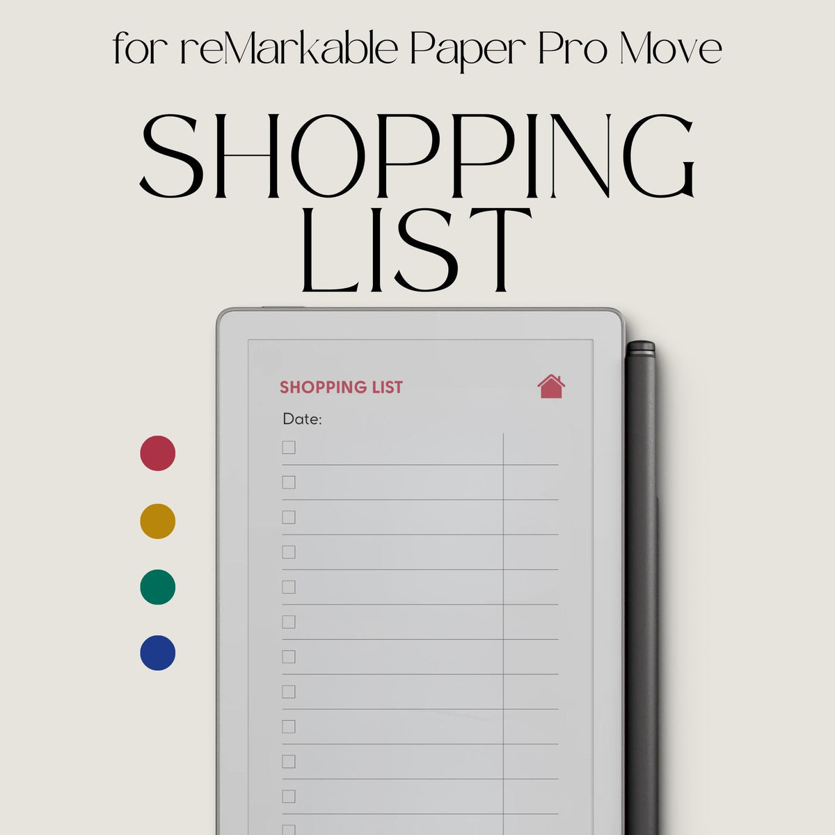 Hyperlinked shopping list template for reMarkable Paper Pro Move with customizable grocery sections and digital checklist navigation