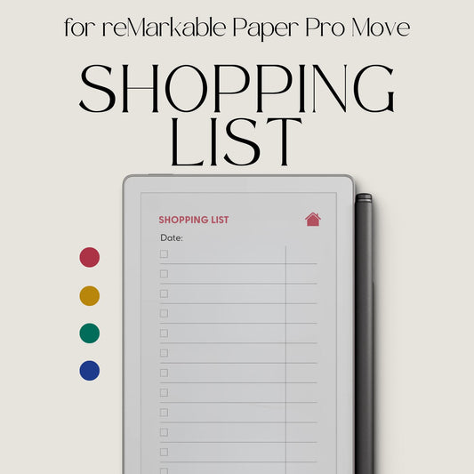 Hyperlinked shopping list template for reMarkable Paper Pro Move with customizable grocery sections and digital checklist navigation