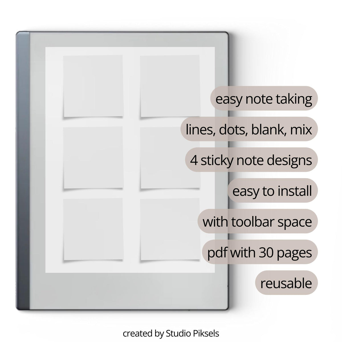 4 digital Sticky Note Notebooks for reMarkable 2 and Paper Pure featuring lined, dotted, blank, and mixed memo layouts with 120 reusable pages plus Capture Tool compatibility.