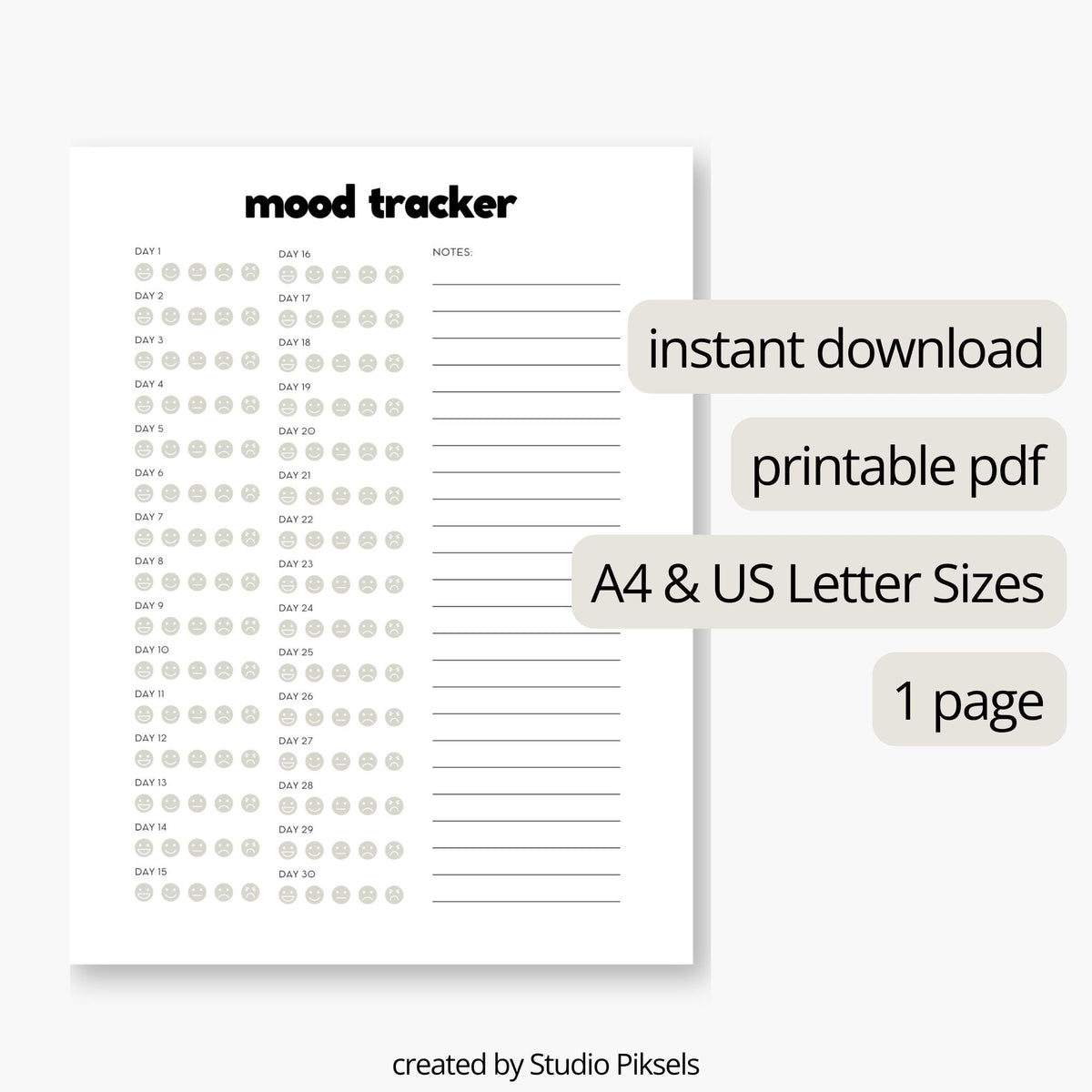 Monthly Mood Tracker, Mood Journal Printable PDF