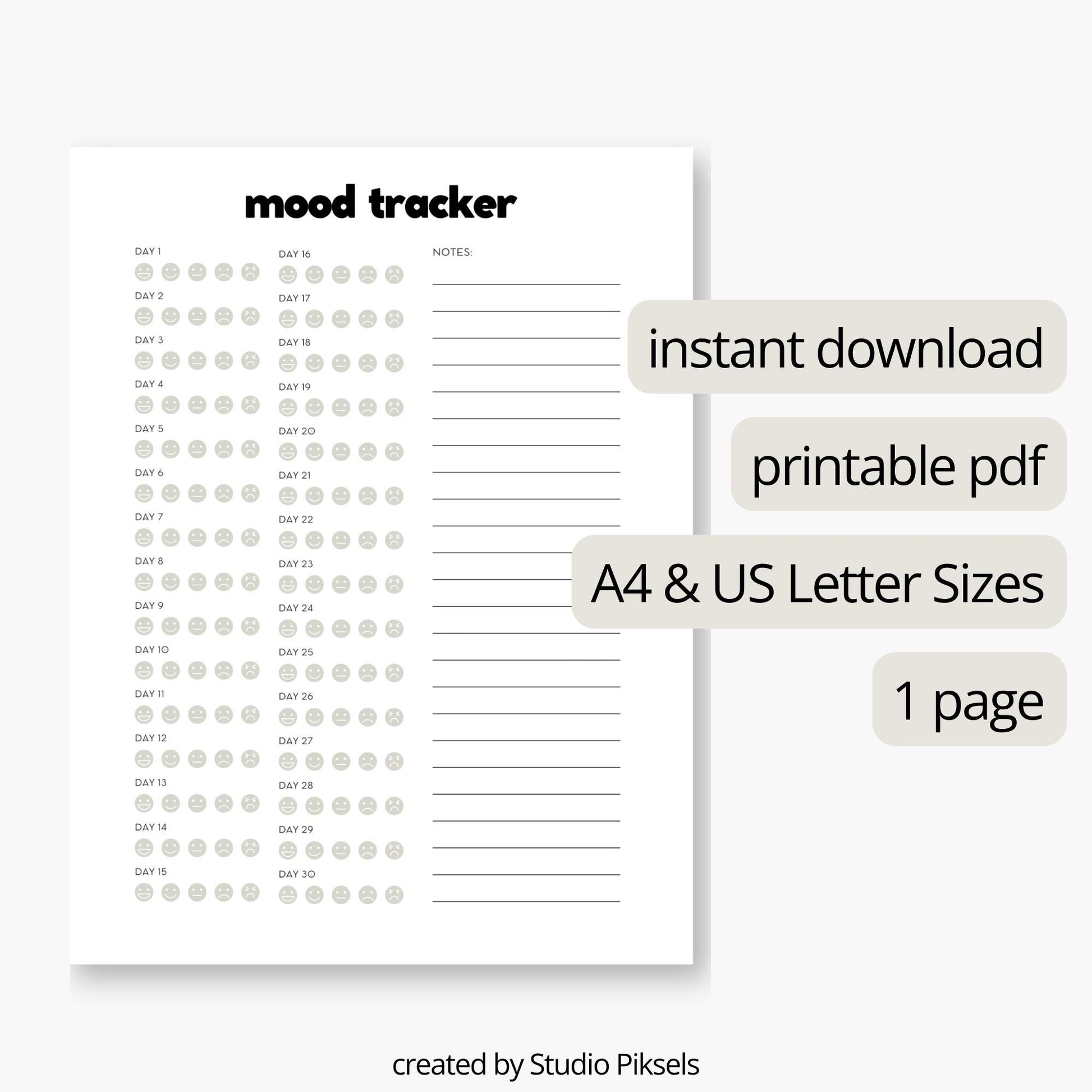 Monthly Mood Tracker, Mood Journal Printable PDF