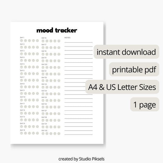 Monthly Mood Tracker, Mood Journal Printable PDF