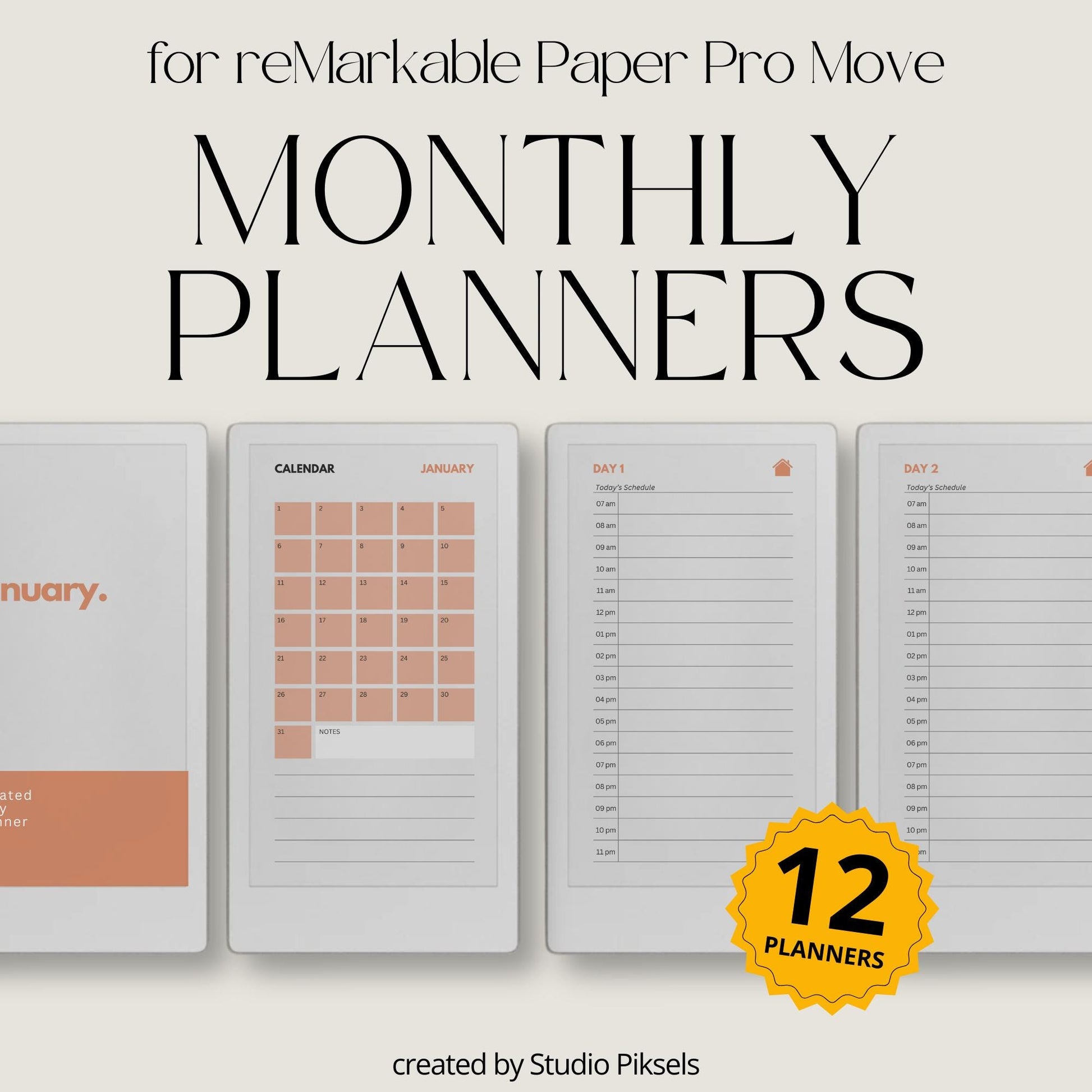 Undated 12 monthly planner bundle for reMarkable Paper Pro Move.