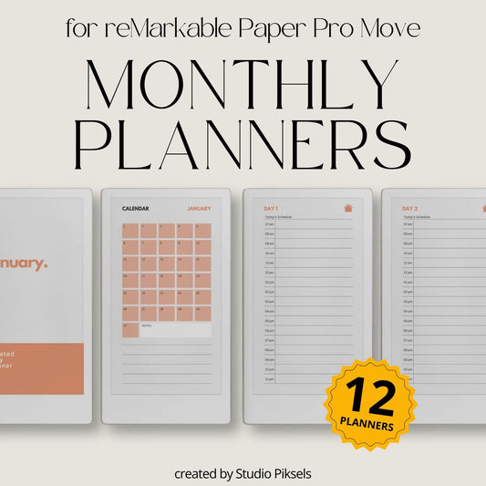 Undated 12 monthly planner bundle for reMarkable Paper Pro Move.