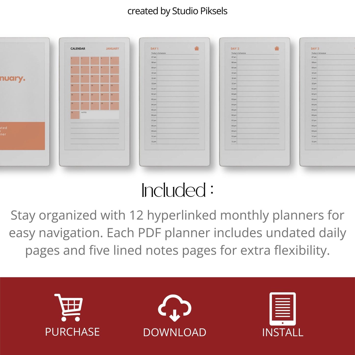 Undated 12 monthly planner bundle for reMarkable Paper Pro Move.