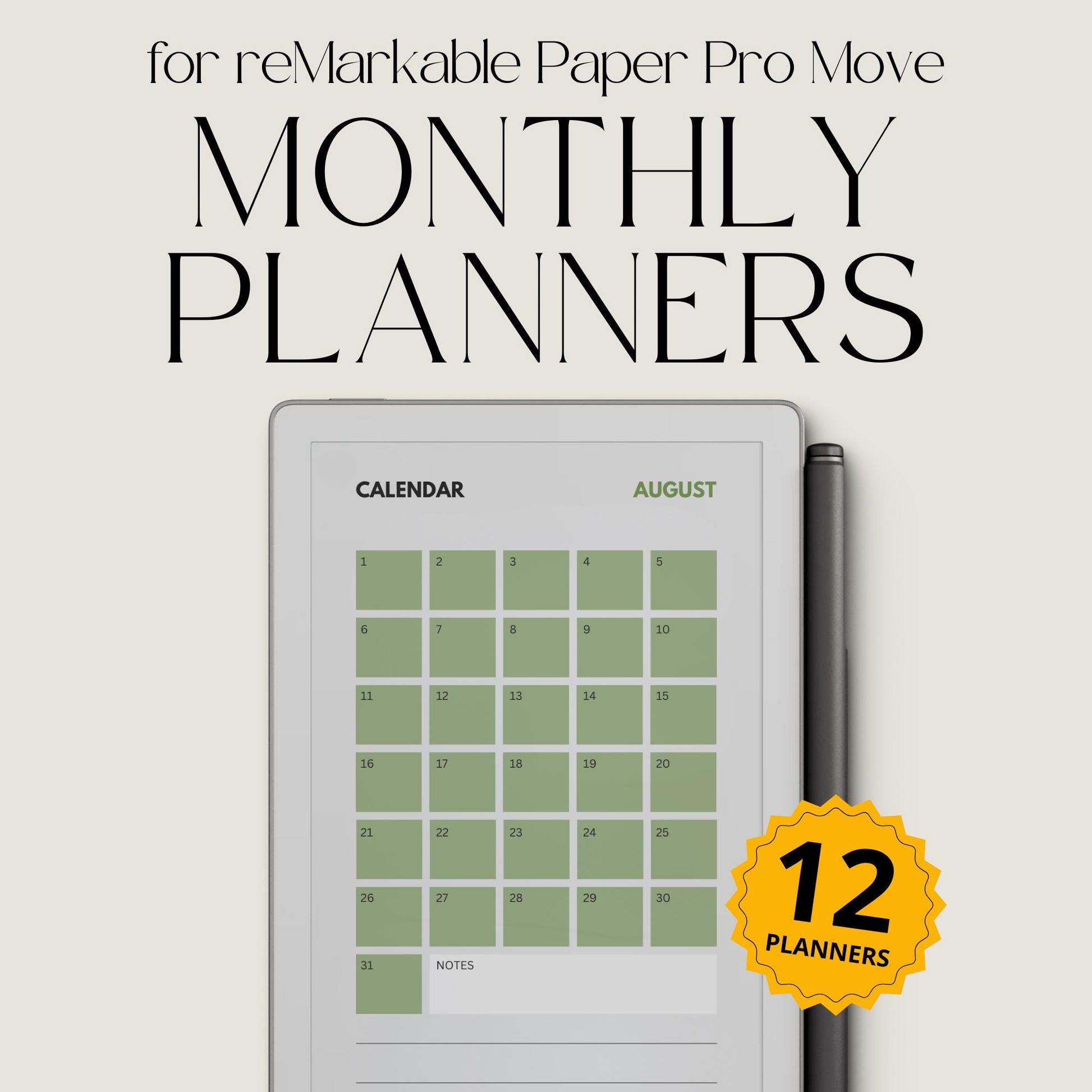 Undated 12 monthly planner bundle for reMarkable Paper Pro Move.