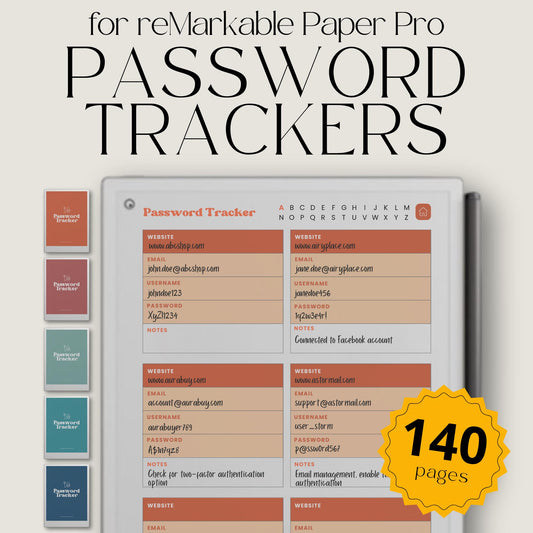 Password Tracker Bundle PDF for reMarkable Paper Pro Move with 5 color themes and 140 hyperlinked A to Z pages.