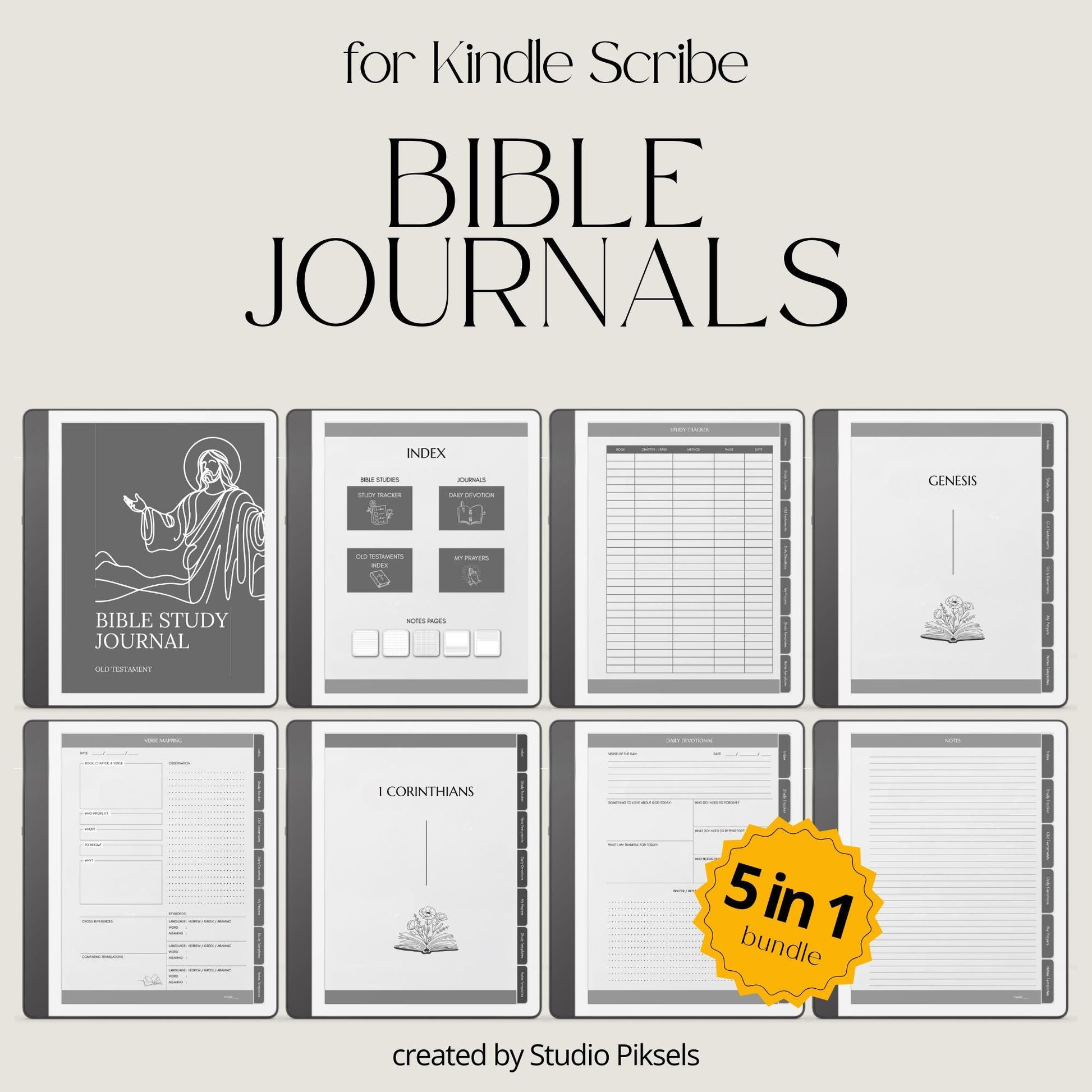 Bible Study Journal Bundle for Kindle Scribe with hyperlinked scripture study journals, sermon notes, prayer pages, and devotion templates.