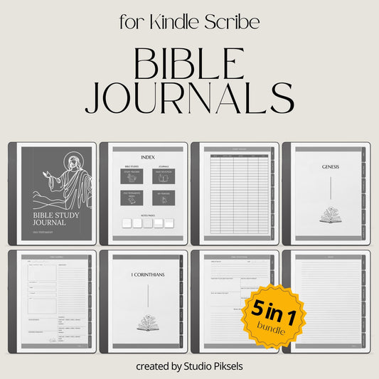 Bible Study Journal Bundle for Kindle Scribe with hyperlinked scripture study journals, sermon notes, prayer pages, and devotion templates.
