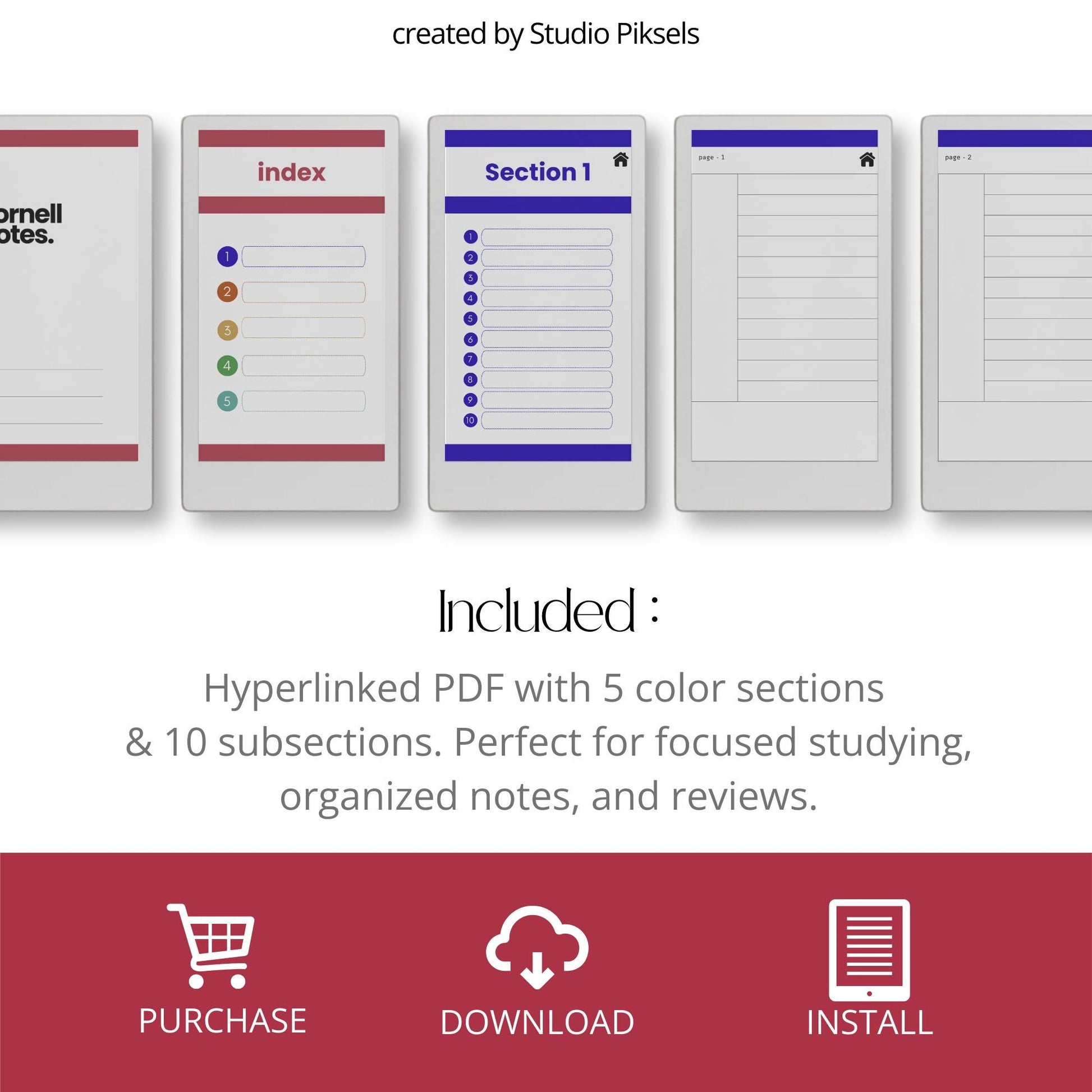 Cornell notes notebook for reMarkable Paper Pro Move with hyperlinked sections and minimalist study pages.