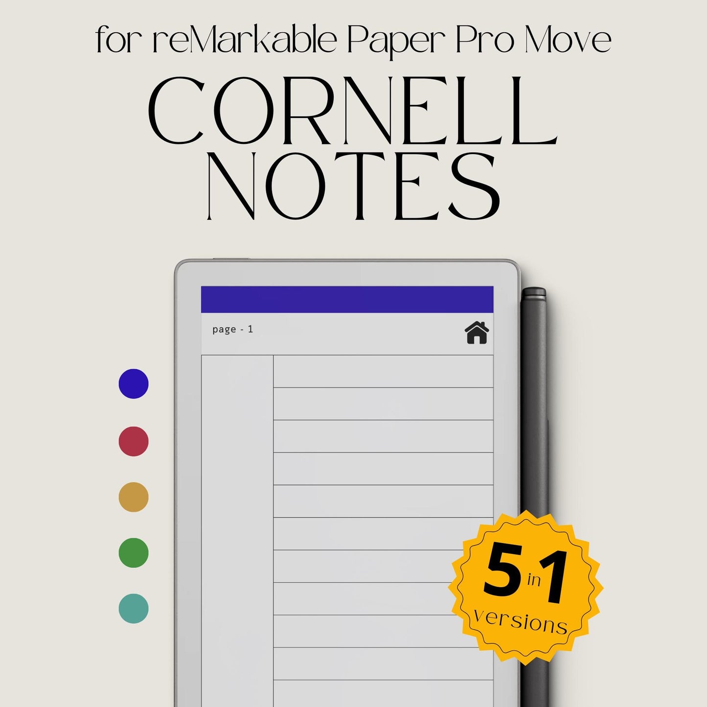 Cornell notes notebook for reMarkable Paper Pro Move with hyperlinked sections and minimalist study pages.
