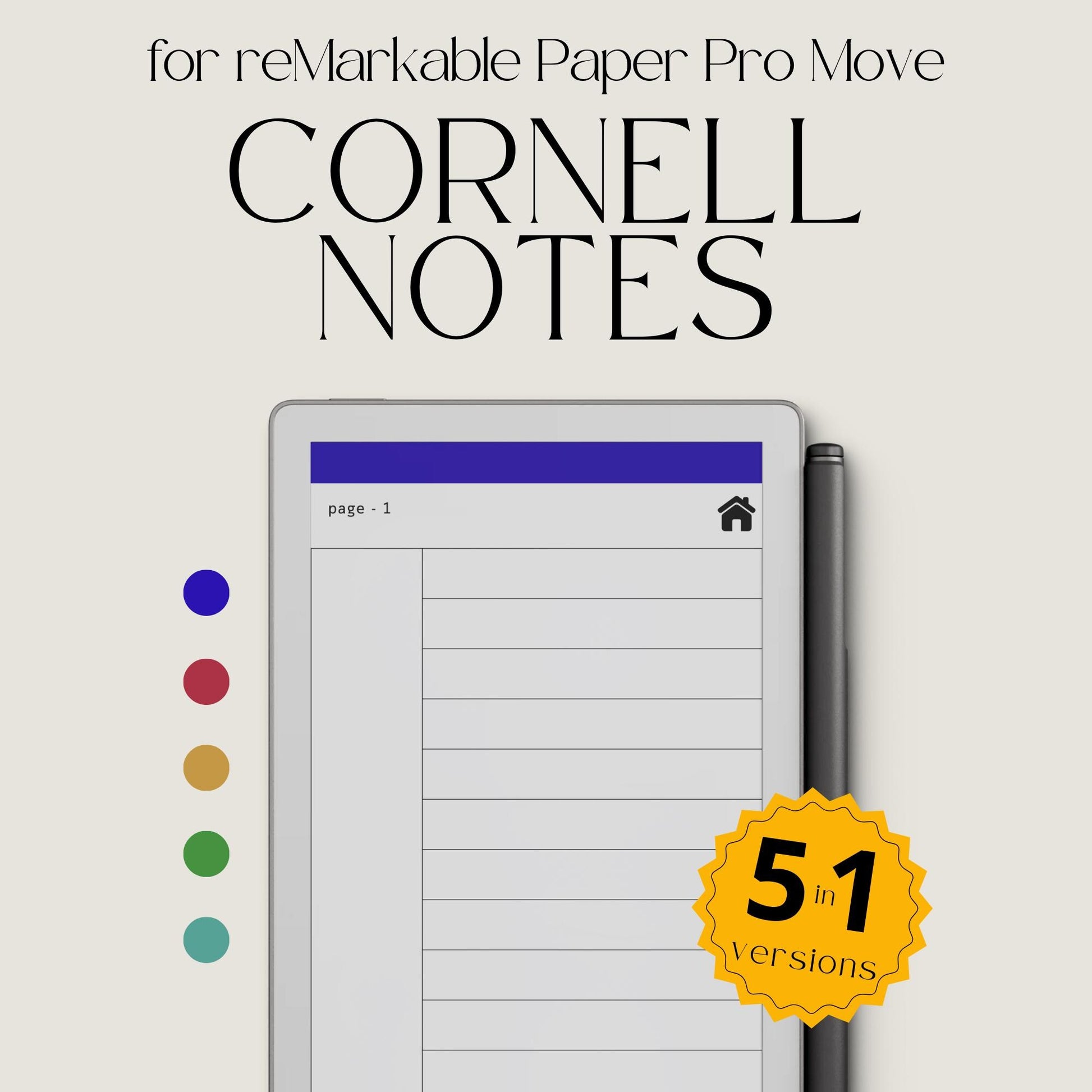 Cornell notes notebook for reMarkable Paper Pro Move with hyperlinked sections and minimalist study pages.