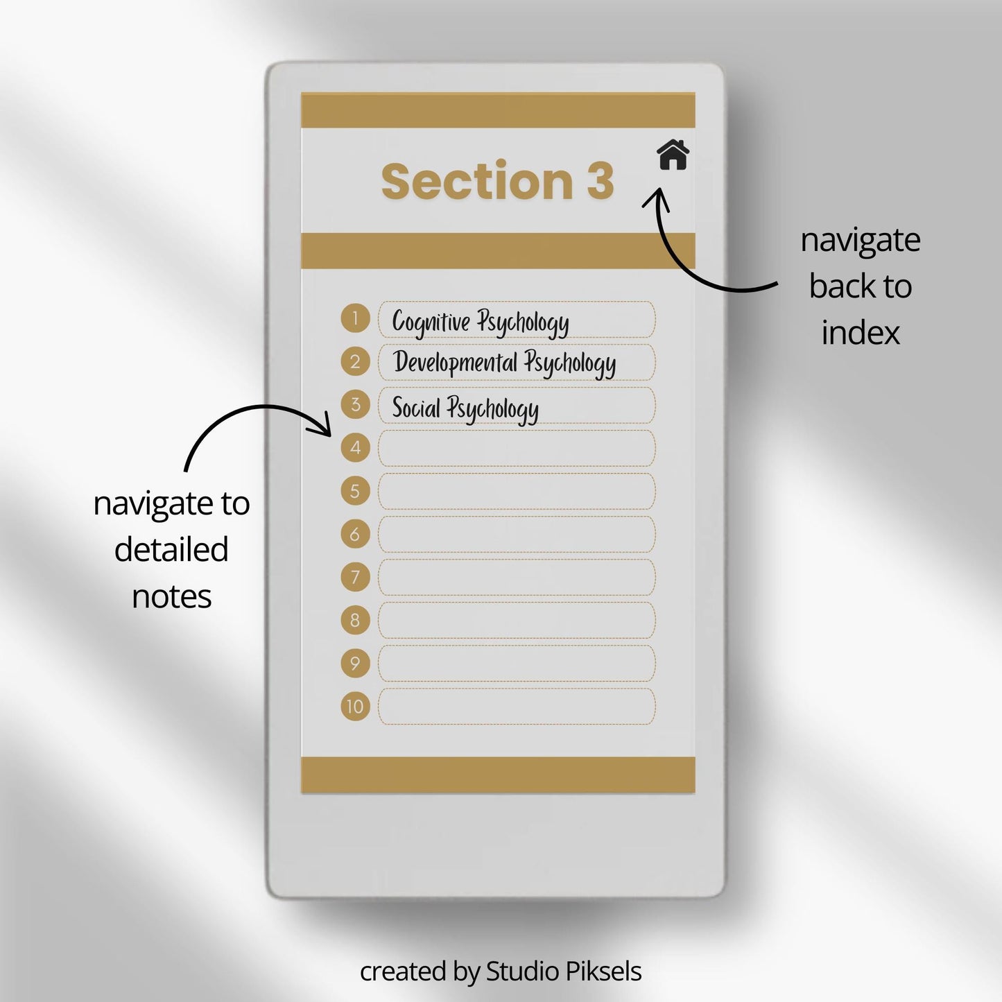 Cornell notes notebook for reMarkable Paper Pro Move with hyperlinked sections and minimalist study pages.