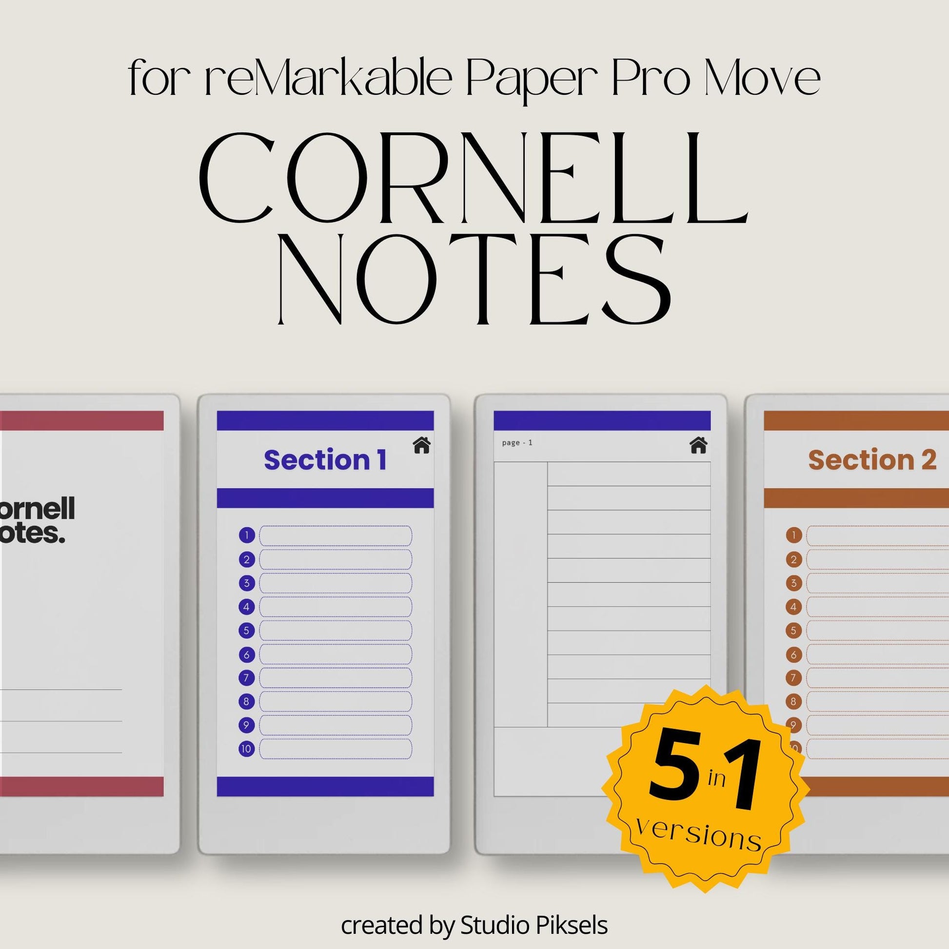 Cornell notes notebook for reMarkable Paper Pro Move with hyperlinked sections and minimalist study pages.