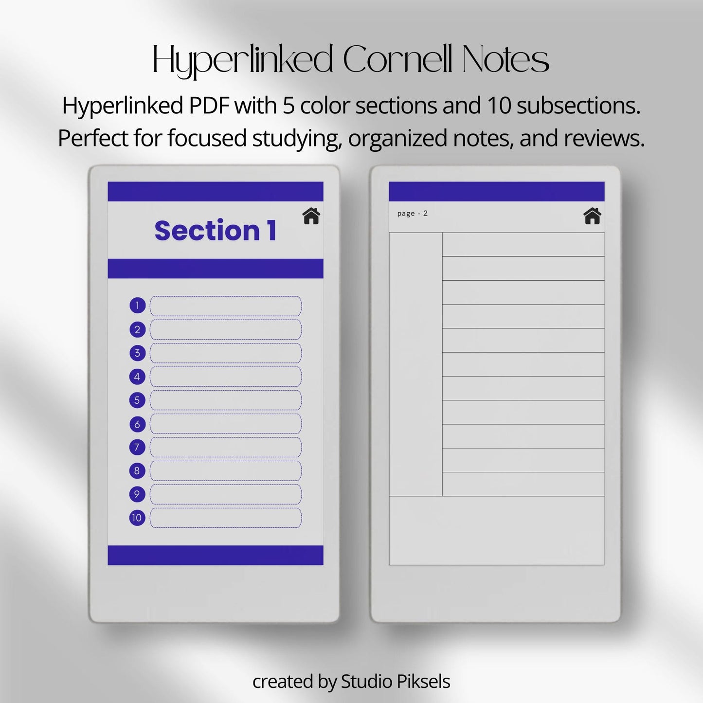 Cornell notes notebook for reMarkable Paper Pro Move with hyperlinked sections and minimalist study pages.