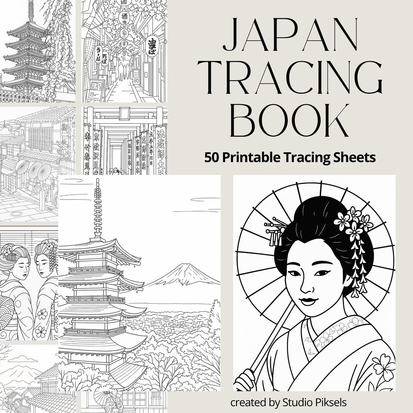Japan Tracing Book with 50 Printable Tracing Pages for Adults & Kids, World Travel Coloring Bundle