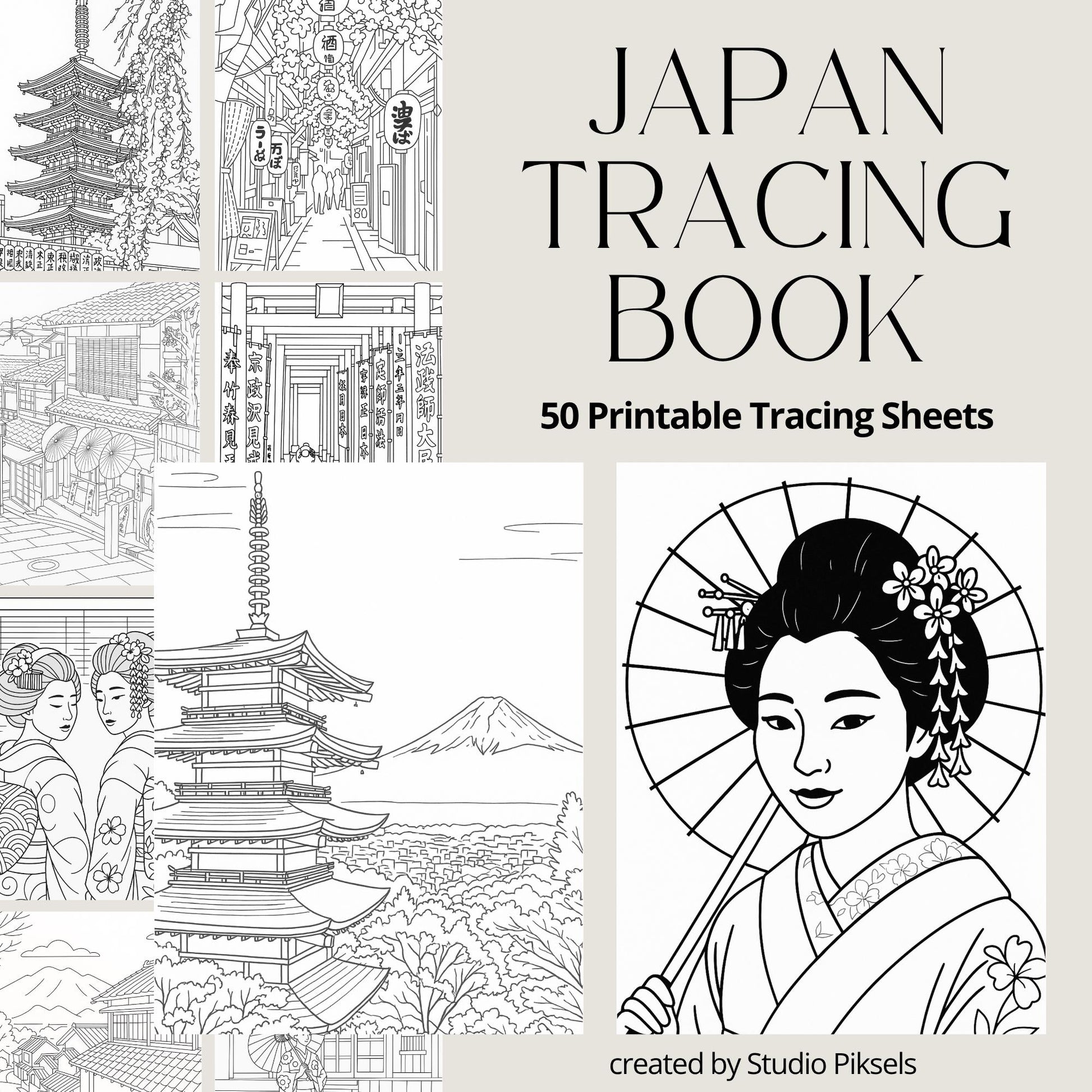 Japan Tracing Book with 50 Printable Tracing Pages for Adults & Kids, World Travel Coloring Bundle