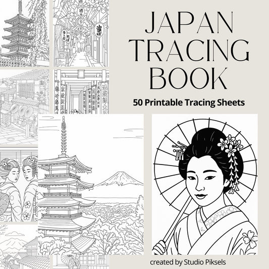 Japan Tracing Book with 50 Printable Tracing Pages for Adults & Kids, World Travel Coloring Bundle