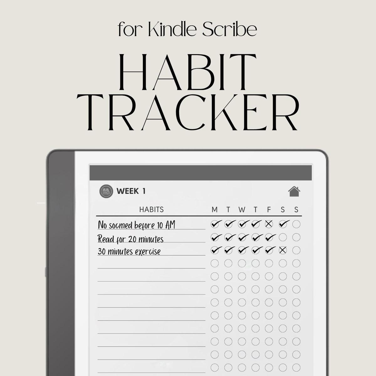 Minimalist hyperlinked Habit Tracker for Kindle Scribe with weekly habit tracking pages, clickable index navigation, checklist sections, and clean digital planning layout.