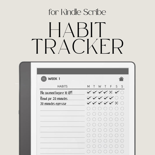Minimalist hyperlinked Habit Tracker for Kindle Scribe with weekly habit tracking pages, clickable index navigation, checklist sections, and clean digital planning layout.