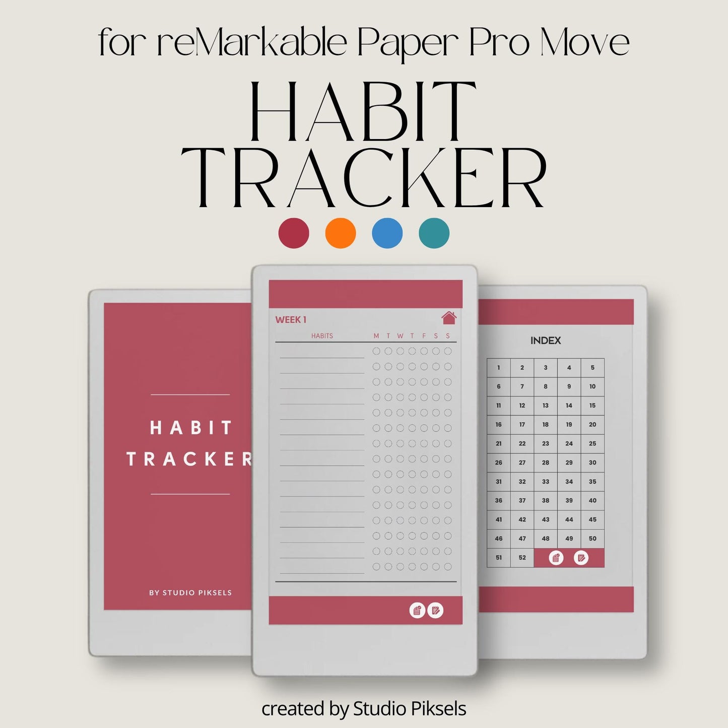 Fifty-two week hyperlinked habit tracker for reMarkable Paper Pro Move with weekly habit checklists and clean minimalist layout.