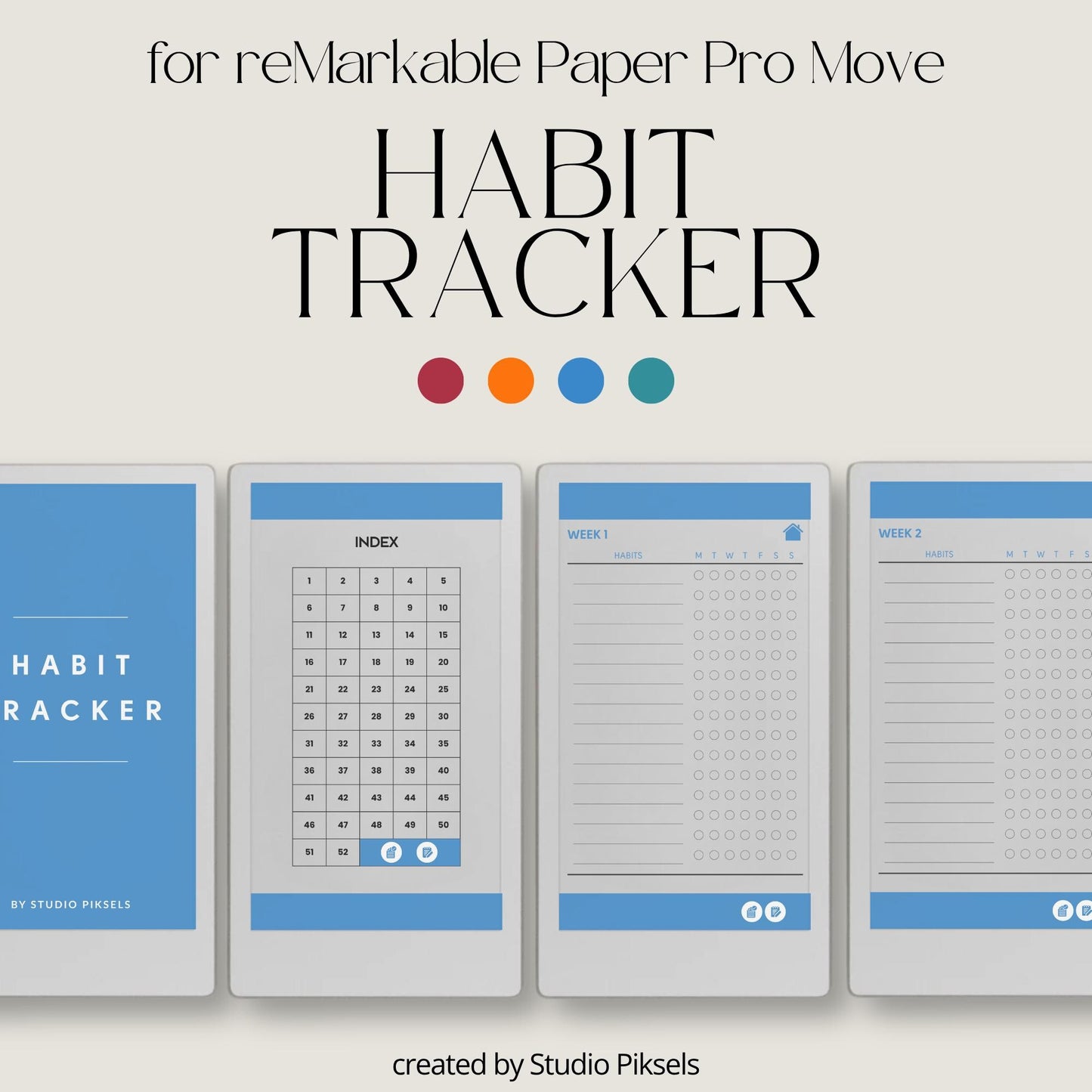Fifty-two week hyperlinked habit tracker for reMarkable Paper Pro Move with weekly habit checklists and clean minimalist layout.