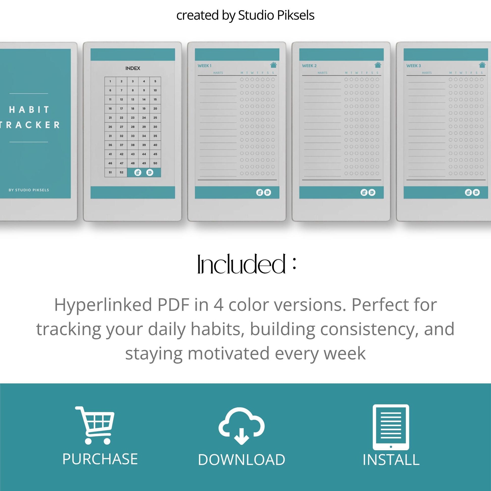 Fifty-two week hyperlinked habit tracker for reMarkable Paper Pro Move with weekly habit checklists and clean minimalist layout.