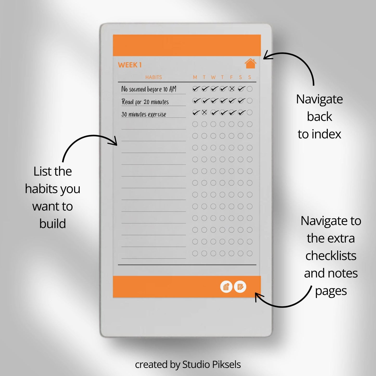 Fifty-two week hyperlinked habit tracker for reMarkable Paper Pro Move with weekly habit checklists and clean minimalist layout.