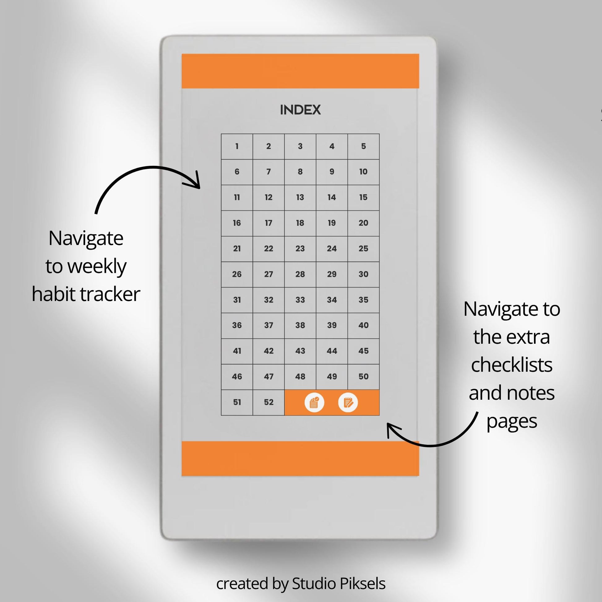 Fifty-two week hyperlinked habit tracker for reMarkable Paper Pro Move with weekly habit checklists and clean minimalist layout.