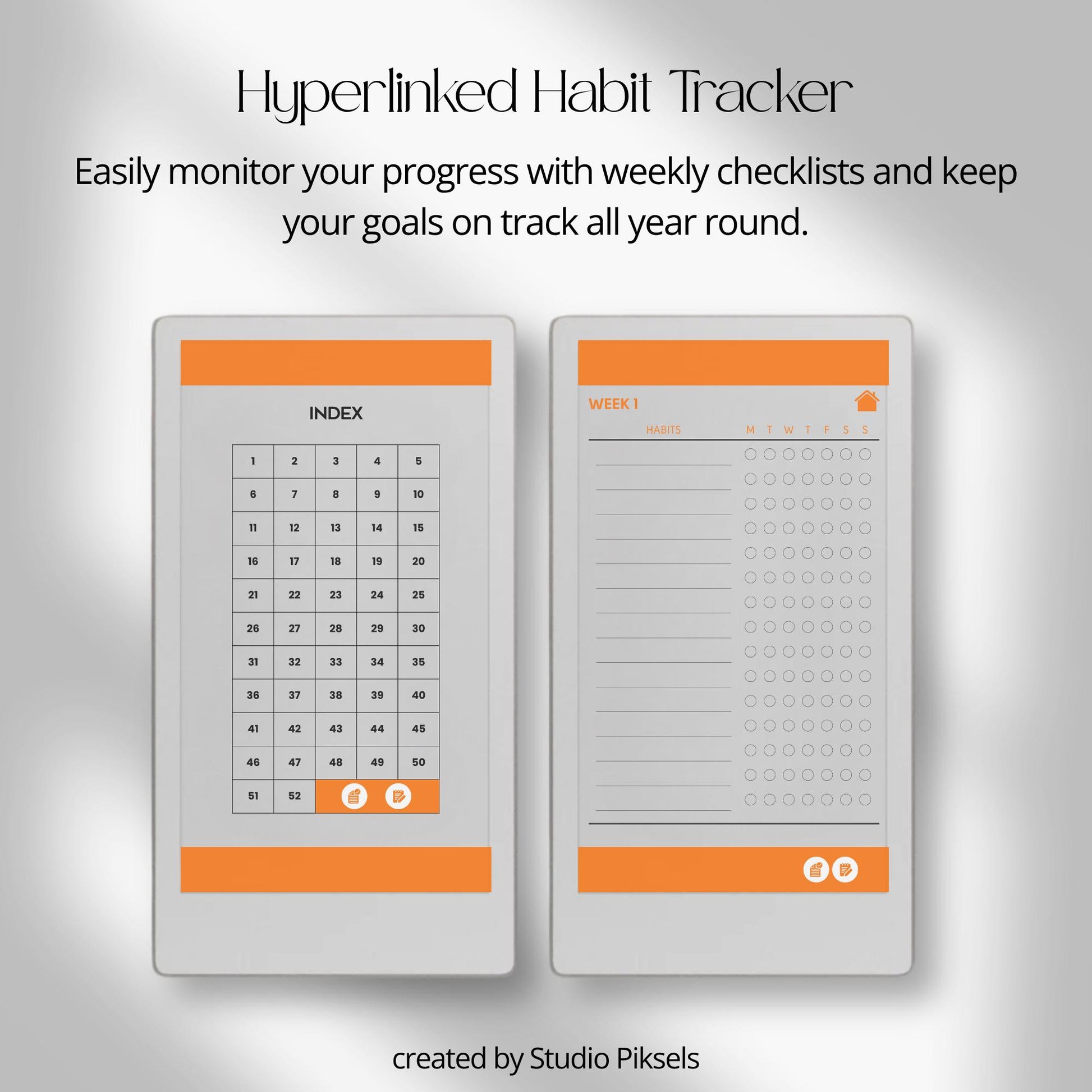 Fifty-two week hyperlinked habit tracker for reMarkable Paper Pro Move with weekly habit checklists and clean minimalist layout.