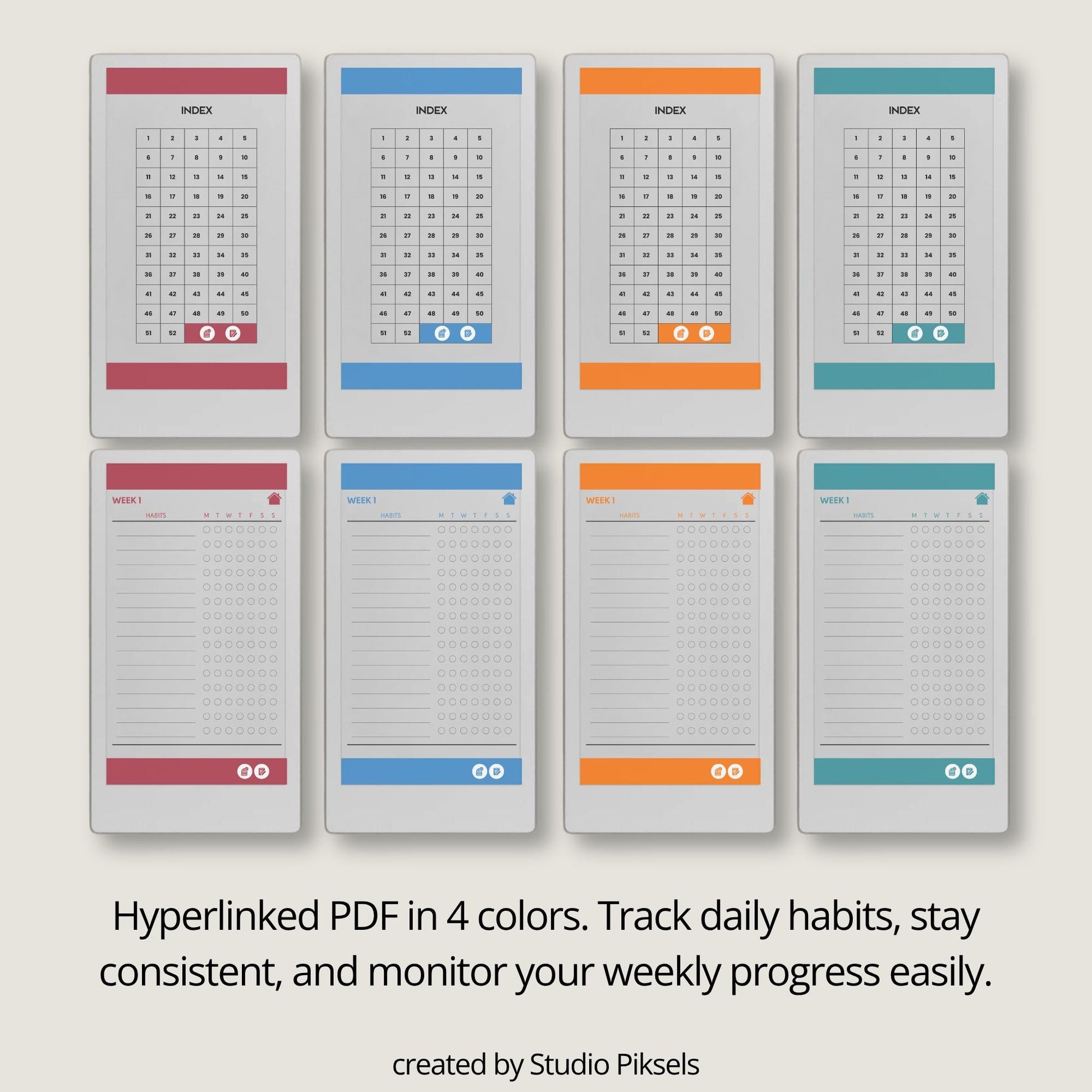 Fifty-two week hyperlinked habit tracker for reMarkable Paper Pro Move with weekly habit checklists and clean minimalist layout.