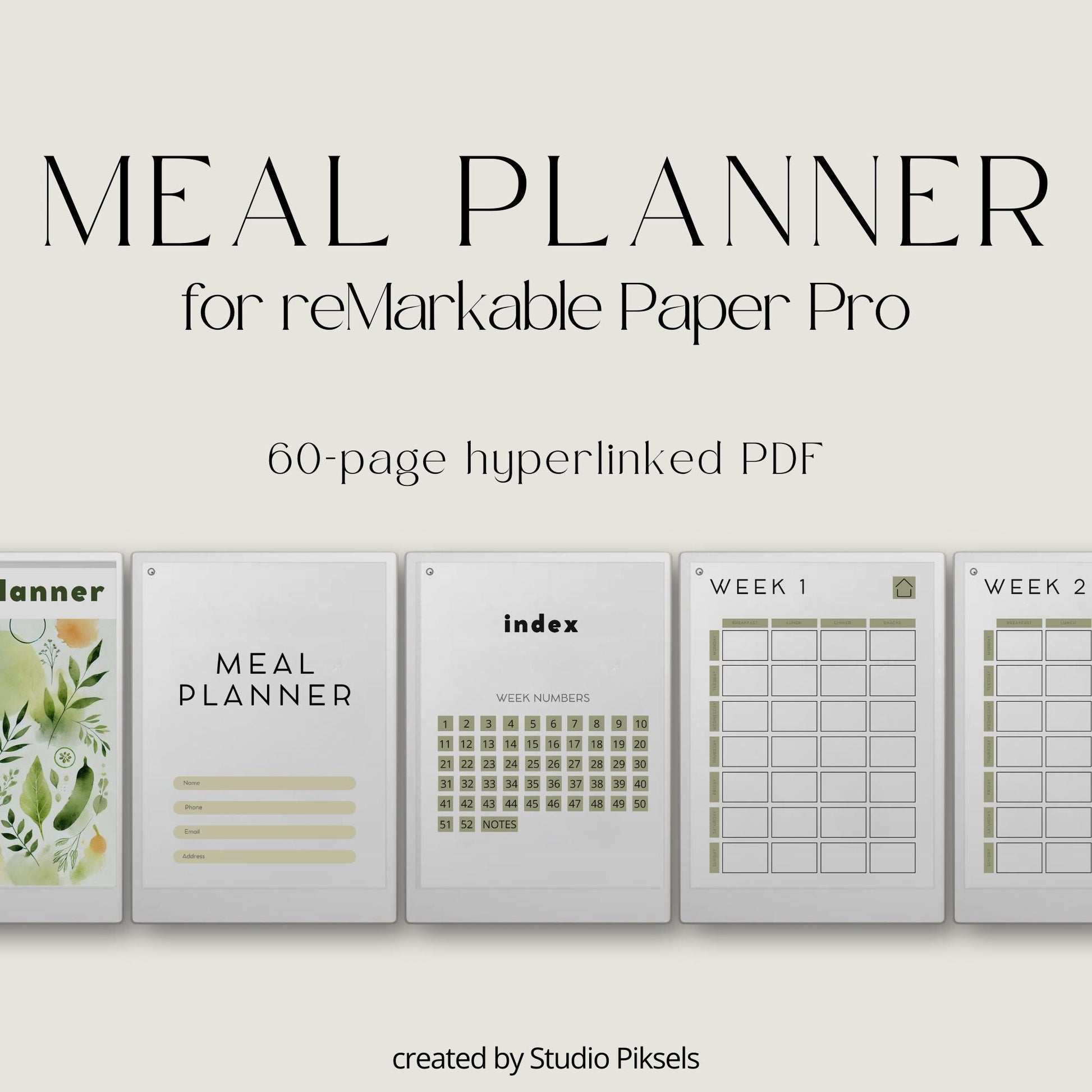 Plan weekly meals using a hyperlinked meal planner on reMarkable Paper Pro.