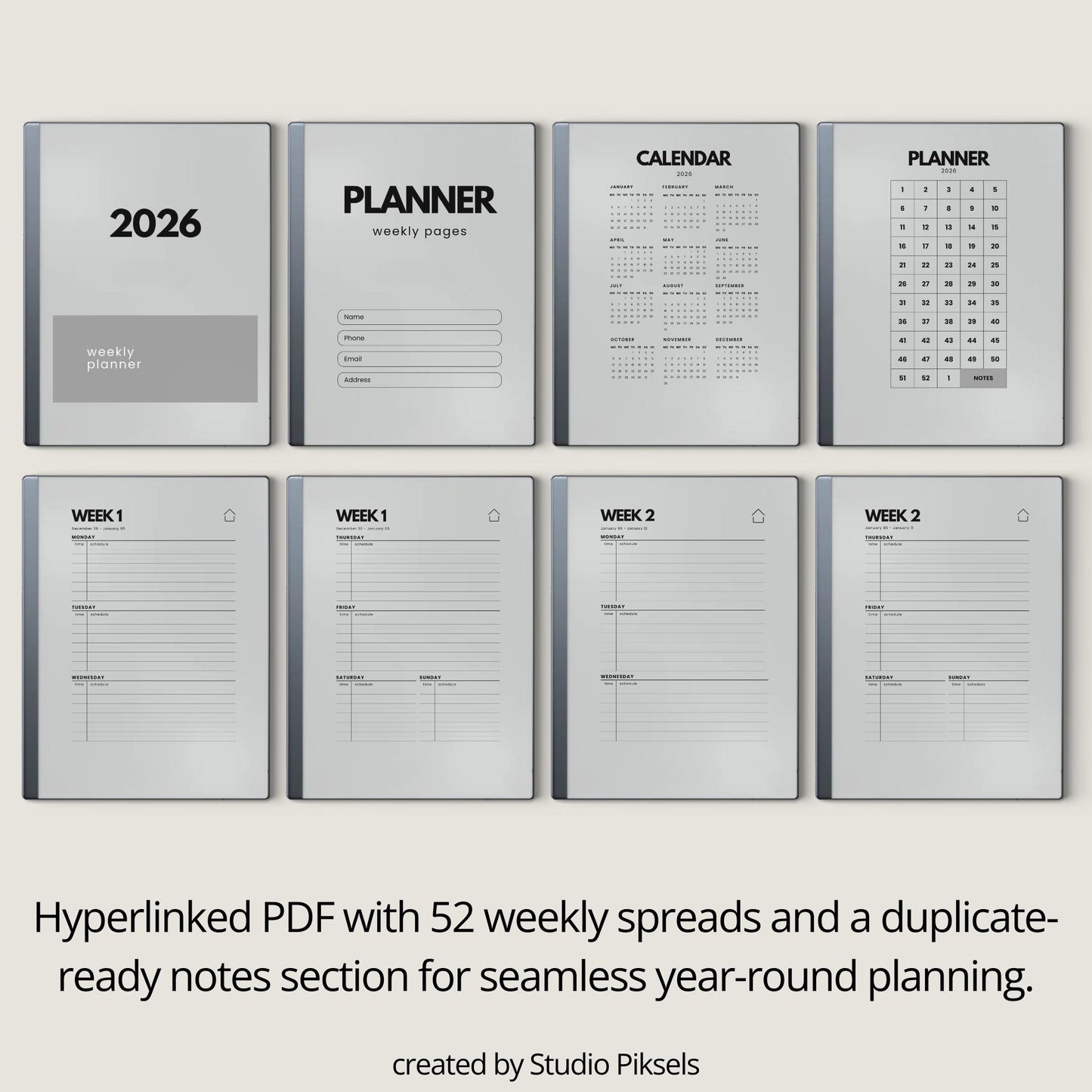 2026 + 2027 Hyperlinked Week Planner for reMarkable