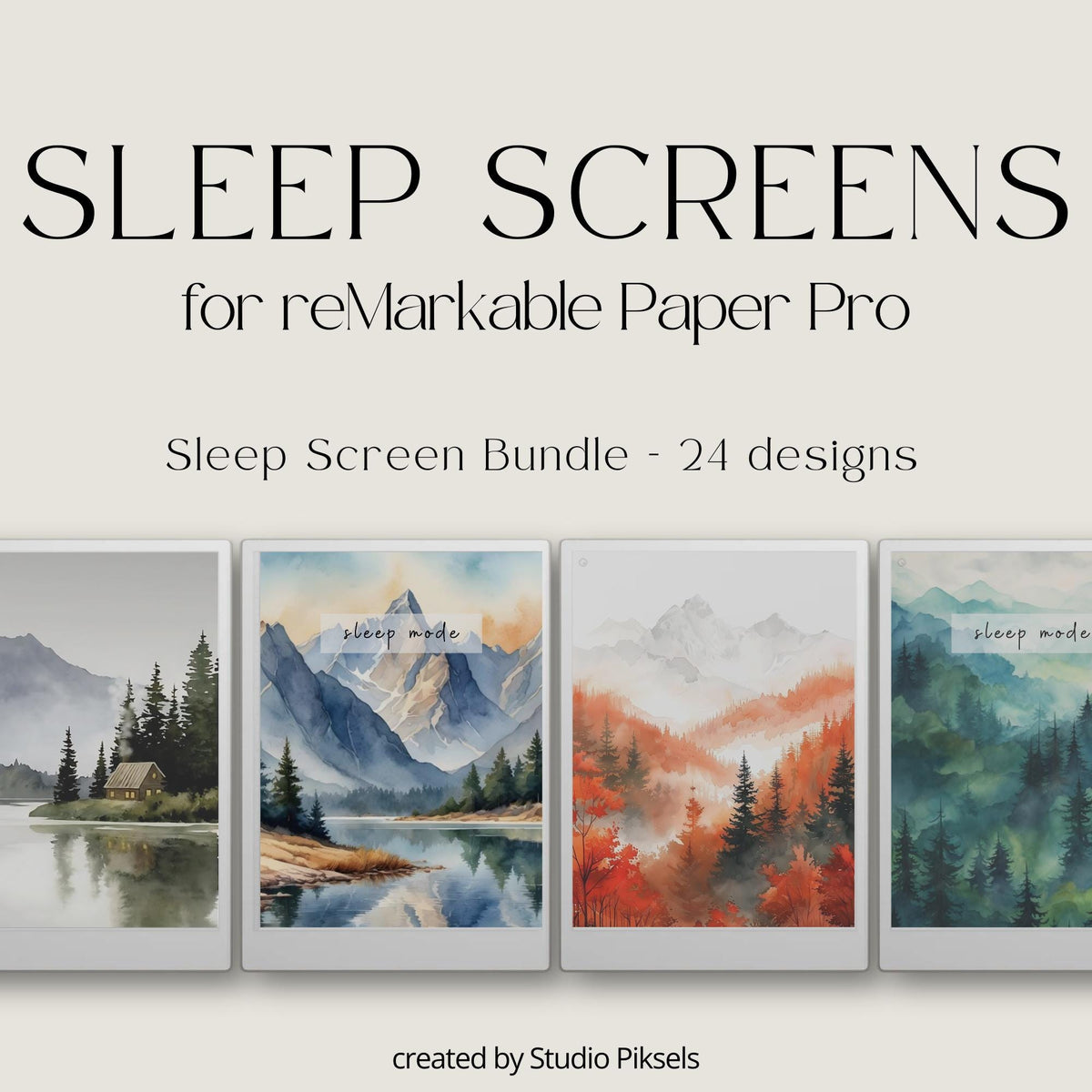  Sleep Screen Bundle for reMarkable Paper Pro. Featuring calming watercolor nature scenes, this collection includes mountain landscapes, quiet lakes, forests, and seasonal scenery designed to create a relaxing screen experience.