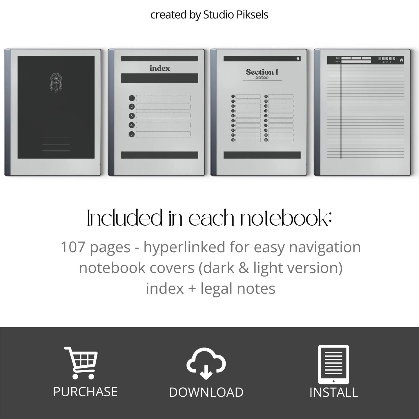 Legal Pad Notebook Bundle for reMarkable with hyperlinked index, lined legal pad pages, and light and dark mode notebook designs.