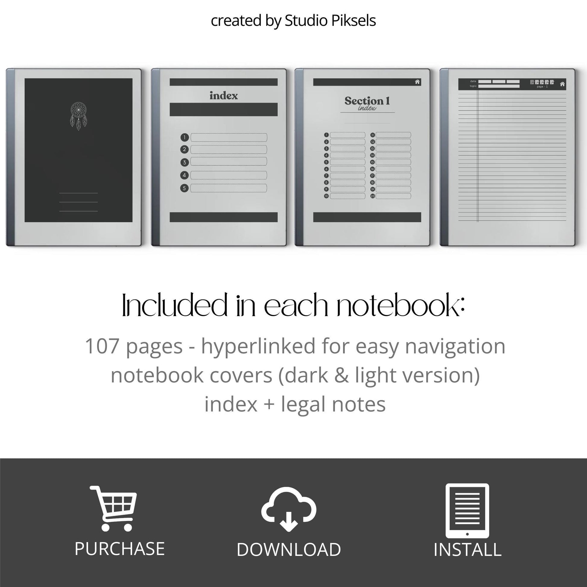 Legal Pad Notebook Bundle for reMarkable with hyperlinked index, lined legal pad pages, and light and dark mode notebook designs.