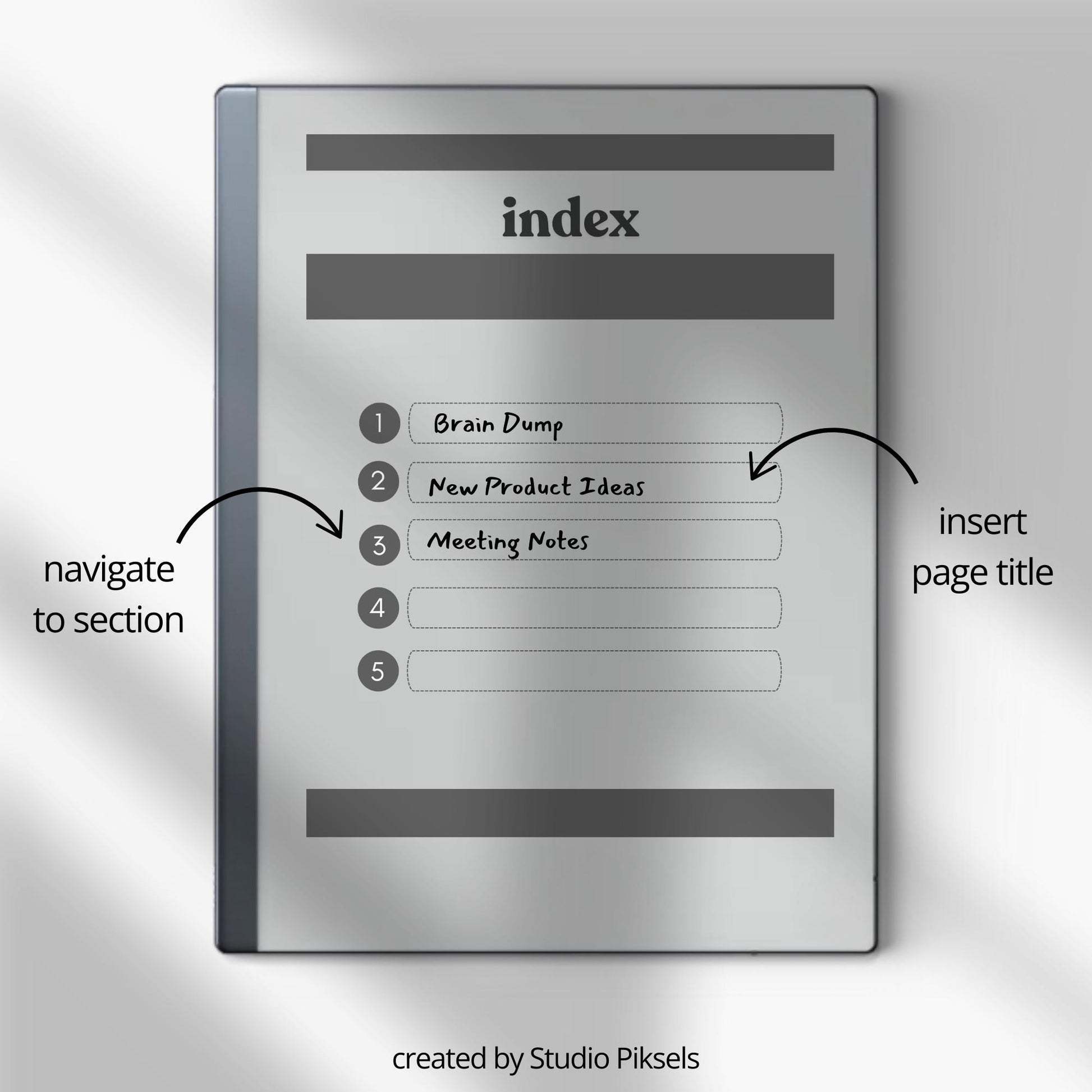 Legal Pad Notebook Bundle for reMarkable with hyperlinked index, lined legal pad pages, and light and dark mode notebook designs.