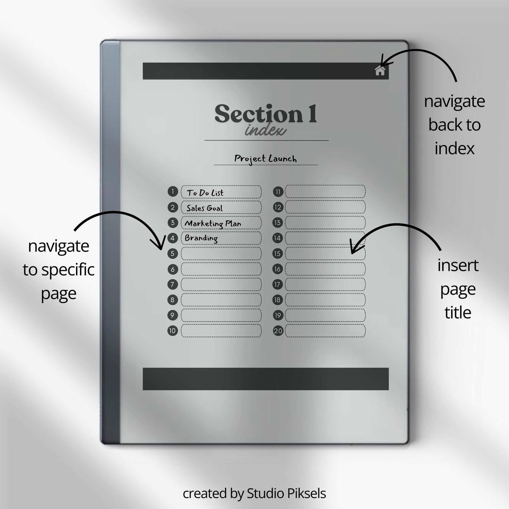 Legal Pad Notebook Bundle for reMarkable with hyperlinked index, lined legal pad pages, and light and dark mode notebook designs.