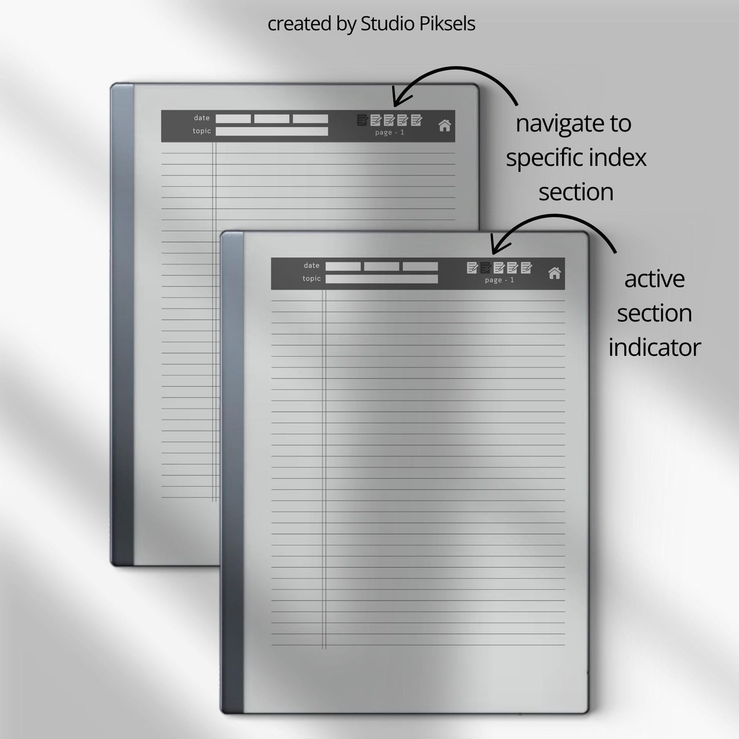 Legal Pad Notebook Bundle for reMarkable with hyperlinked index, lined legal pad pages, and light and dark mode notebook designs.