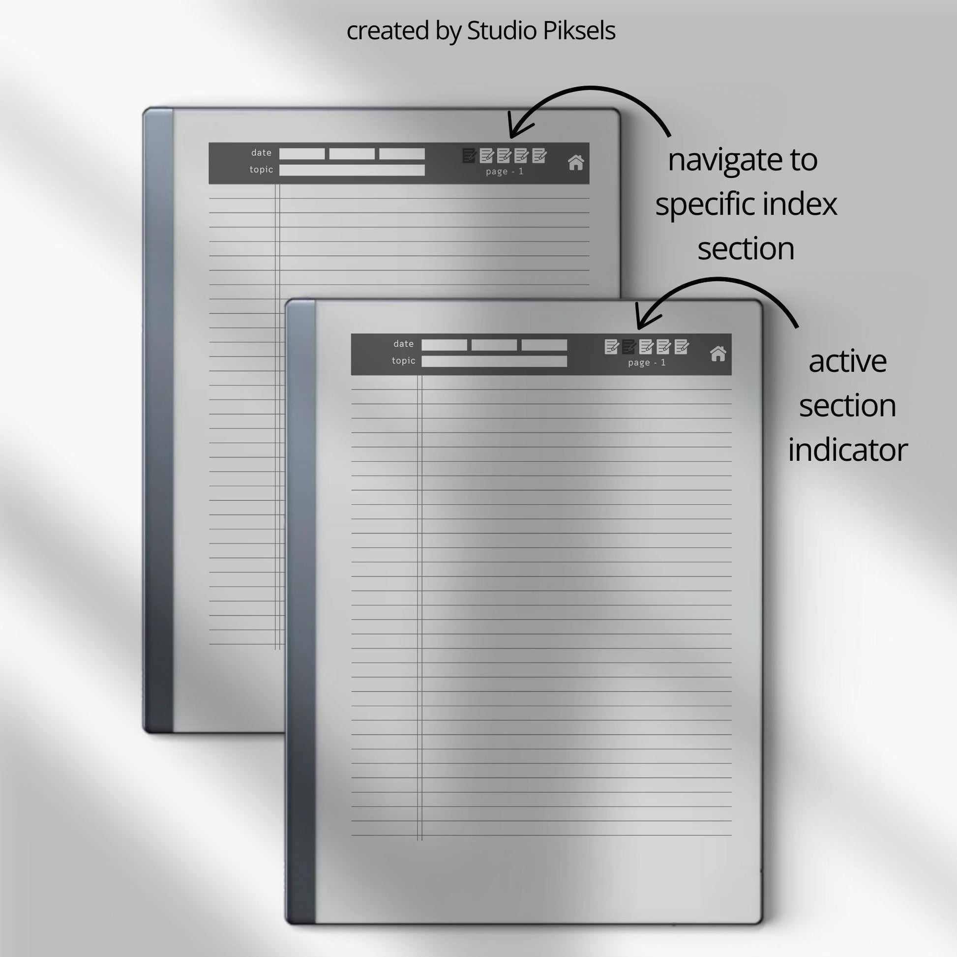 Legal Pad Notebook Bundle for reMarkable with hyperlinked index, lined legal pad pages, and light and dark mode notebook designs.