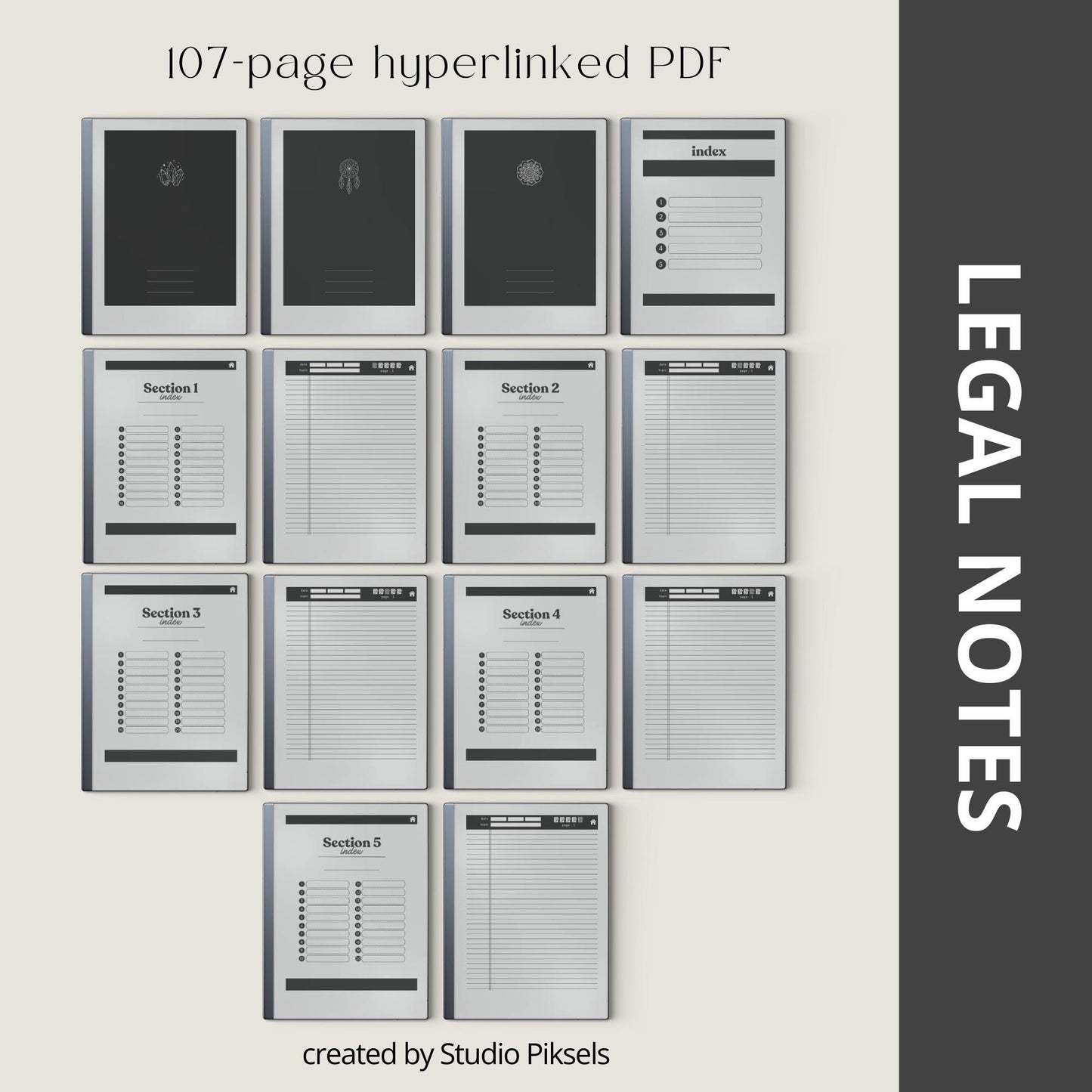 Legal Pad Notebook Bundle for reMarkable with hyperlinked index, lined legal pad pages, and light and dark mode notebook designs.