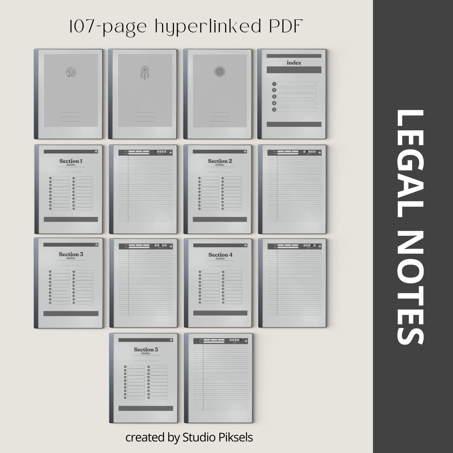 Legal Pad Notebook Bundle for reMarkable with hyperlinked index, lined legal pad pages, and light and dark mode notebook designs.
