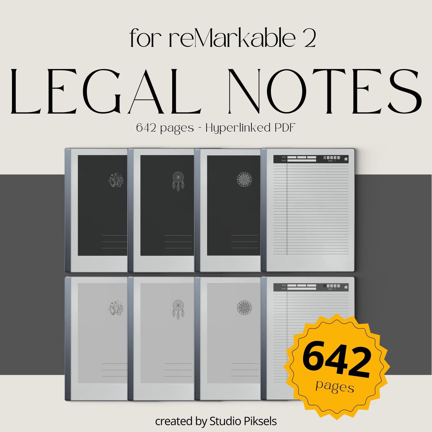 Legal Pad Notebook Bundle for reMarkable with hyperlinked index, lined legal pad pages, and light and dark mode notebook designs.