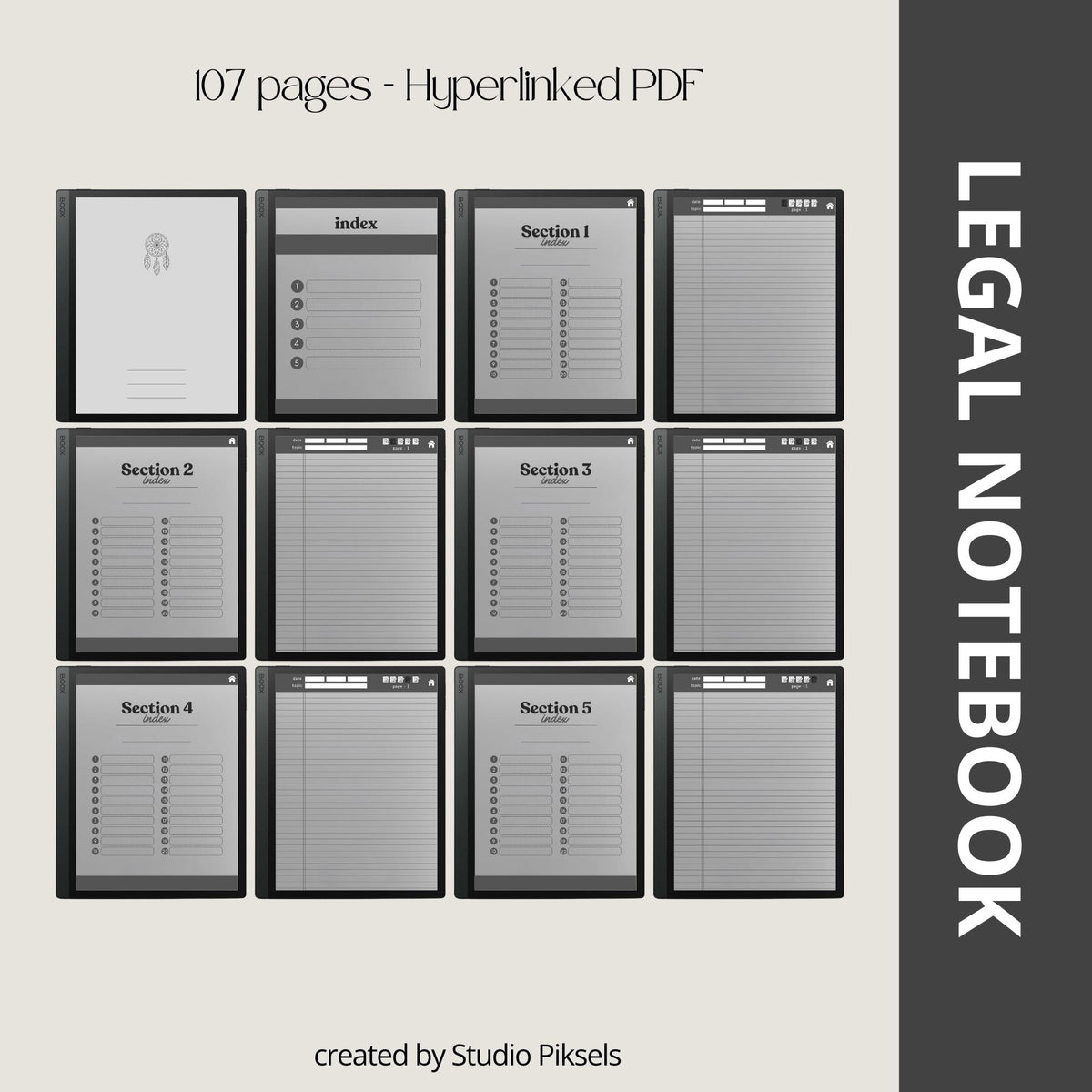 Legal Pad Notebook Bundle for BOOX with hyperlinked digital notebooks, legal note pages, customizable indexes, and grayscale layouts for organization.