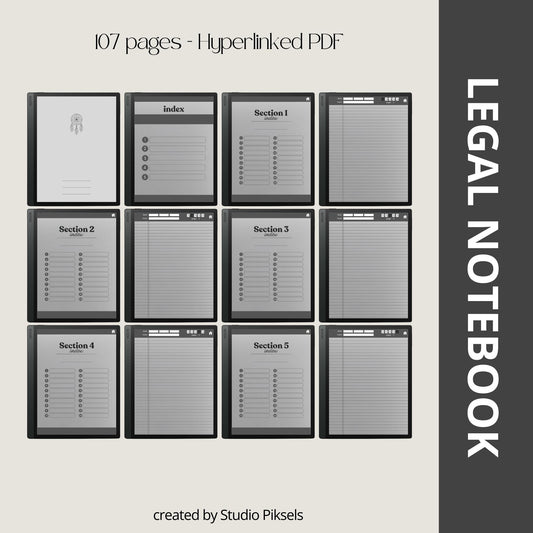 Legal Pad Notebook Bundle for BOOX with hyperlinked digital notebooks, legal note pages, customizable indexes, and grayscale layouts for organization.
