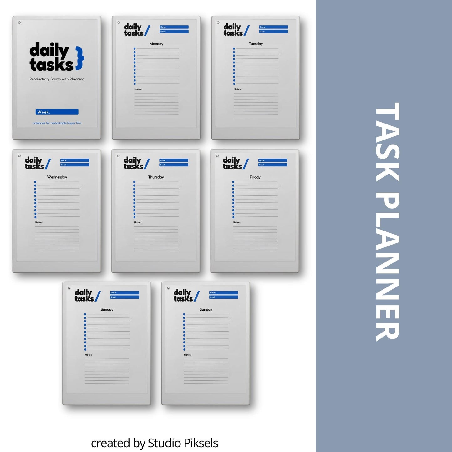 7-day productivity task planner for reMarkable Paper Pro with seven day layout, priority sections, and minimalist task tracking pages.
