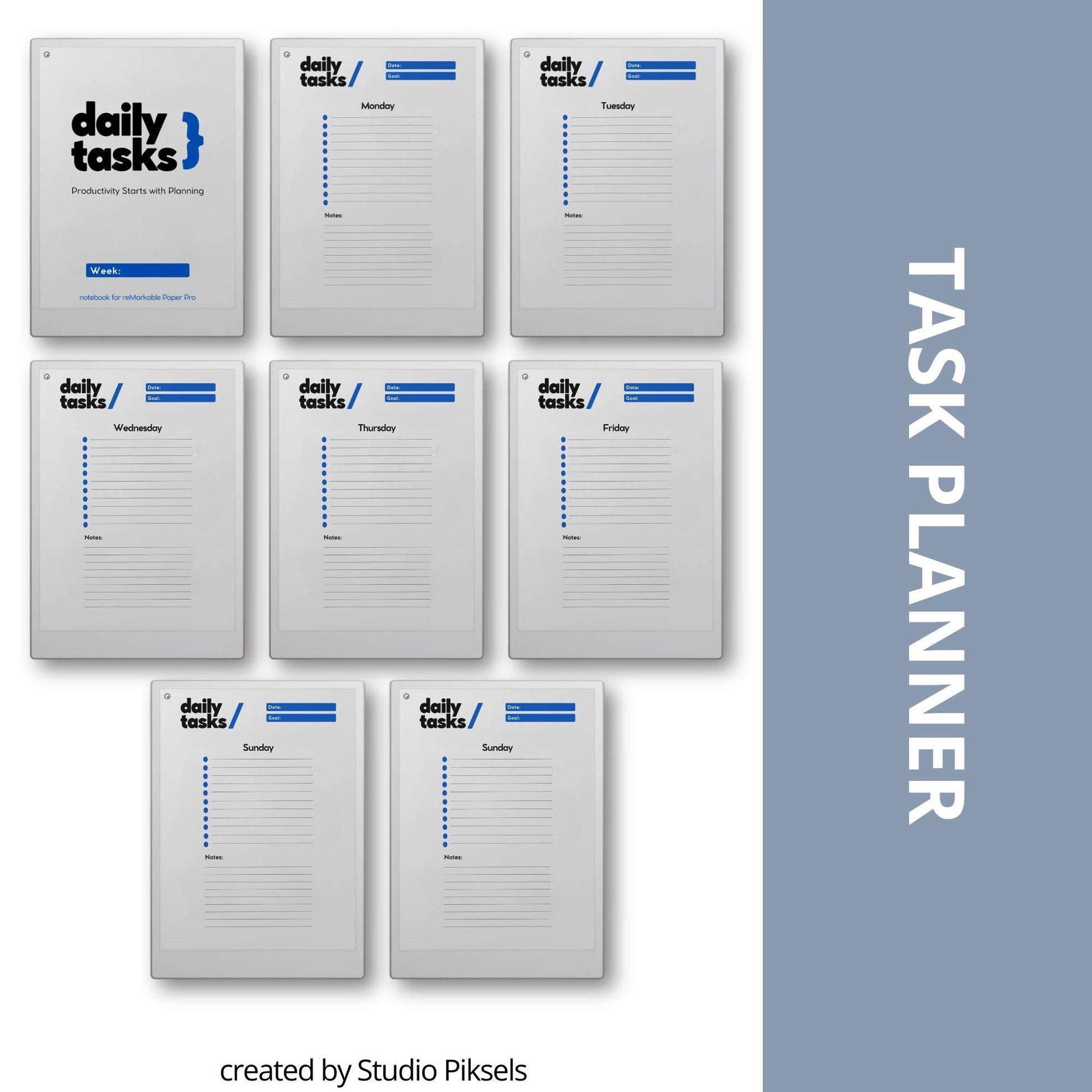 7-day productivity task planner for reMarkable Paper Pro with seven day layout, priority sections, and minimalist task tracking pages.