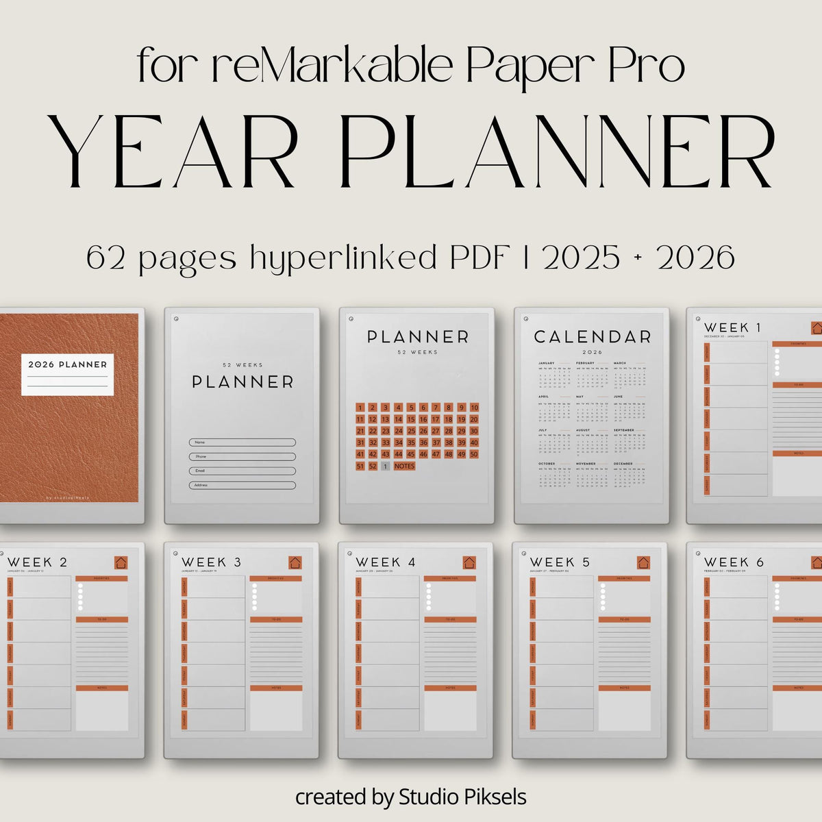 Year Planner for reMarkable Paper Pro for 2025 + 2026: Hyperlinked Personal Planner and Calendar with Weekly Layout for reMarkable