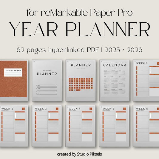 Year Planner for reMarkable Paper Pro for 2025 + 2026: Hyperlinked Personal Planner and Calendar with Weekly Layout for reMarkable